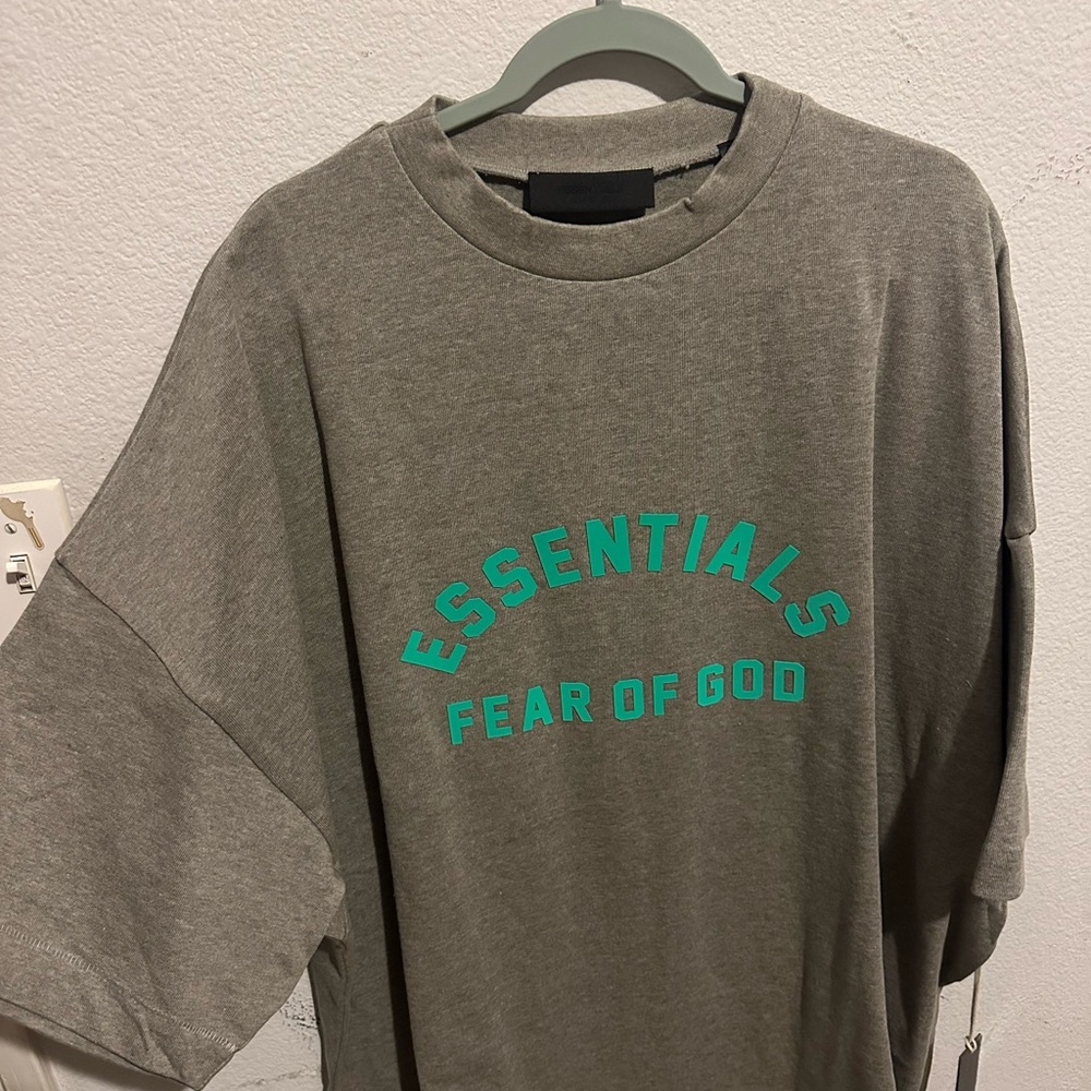 Fear of God Essentials Heather Gray Tee with Teal Print heavyweight T shirt